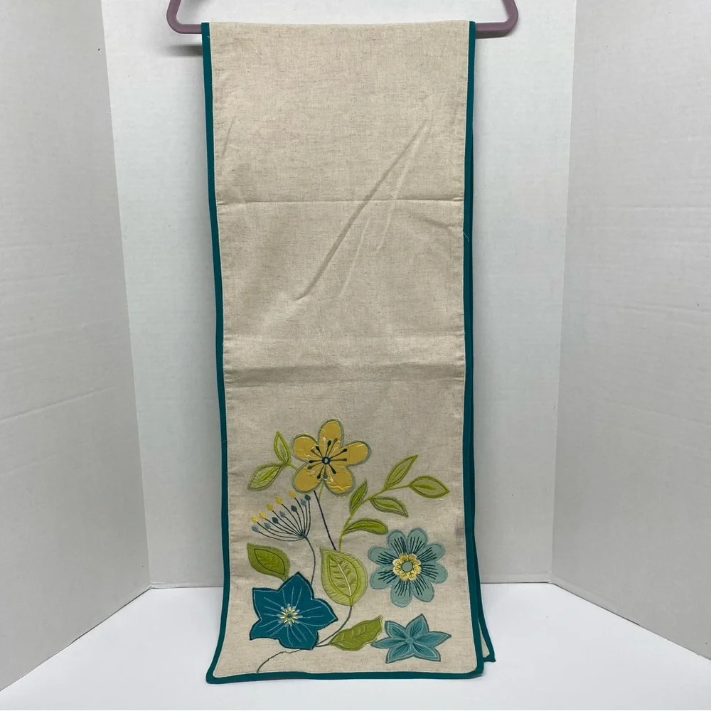 Artistic Accents Table Runner Beige w/Teal Yellow Green Floral Print  72